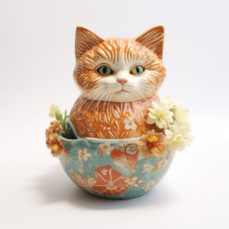 a ceramic pot featuring a hyper-realistic orange cat sitting inside, crafted in the style of flowers by renowned artist eiichiro oda. the pot showcases traditional techniques with its intricate details, while the vibrant colors of crimson and aquamarine add a striking touch. the symbolic use of animals and toy-like proportions make this piece truly unique. ai generatedの素材