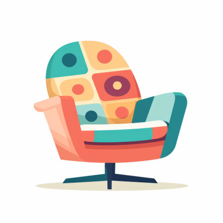 the flat colorful chair is a whimsical cartoon-style piece showcased on a white background. it features vibrant geometric shapes in teal and beige, adding a bright luster to any space. this chair is perfect for lively interiors and cabincore enthusiasts who appreciate colorful cartoon aesthetics. ai generatedの素材