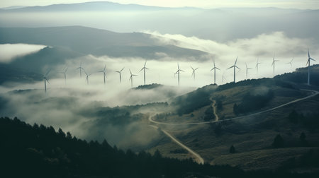 a remote wind farm in a forest, captured on kodachrome 35mm film. the towering turbines pierce through low-lying clouds, their blades whirling relentlessly against a stormy backdrop. this image portrays a resilient picture of renewable energy in action, showcasing the power and beauty of wind turbines in a natural setting. ai generatedの素材