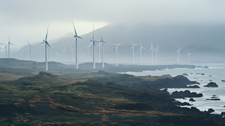 a remote wind farm on a reef, captured on kodachrome 35mm film. the towering turbines pierce through low-lying clouds, their blades whirling relentlessly against a stormy backdrop. this image portrays a resilient picture of renewable energy in action, showcasing the power and beauty of wind turbines in a rugged landscape. ai generatedの素材
