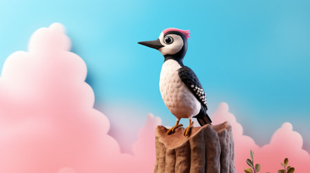 a cartoon bird with pink feathers is depicted standing on a tree stump. this charming character illustration, rendered in the style of unreal engine, showcases high contrast compositions and realistic sculptures. the dotted, dark white and sky-blue colors add depth to the animated film pioneer's creation. ai generatedの素材