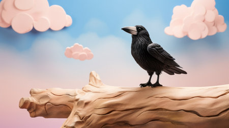 a black raven perches on a wooden branch against a backdrop of clouds and blue sky. this rendered image, created in the style of cinema4d, showcases colorful woodcarvings reminiscent of the works of kerem beyit. the soft and dreamy landscape, along with the playful character design, adds a touch of whimsy to this diorama-like scene. the textured surface layers enhance the overall visual appeal. aiの素材
