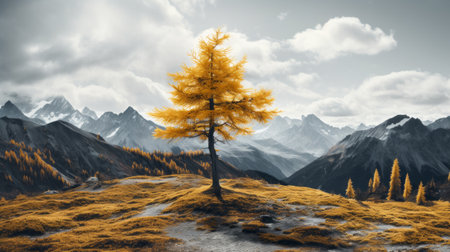 a yellow tree stands atop a majestic mountain, surrounded by a breathtaking backdrop of towering peaks. this monochrome landscape, with its silver and orange hues, captures the essence of nature's beauty. with an 8k resolution, this image showcases the intricate details of this nature-inspired scenery. immerse yourself in the landscapes of memory and be captivated by the lively scenes of nature. ai generatedの素材