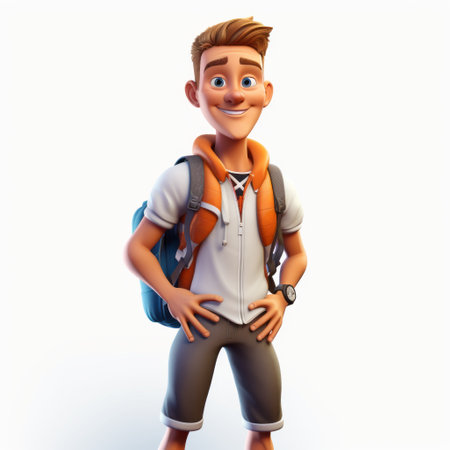 a 3d model animation featuring a charming character with a backpack, inspired by the artistic styles of john wilhelm, steve henderson, lyon school, and alex hirsch. the animation showcases a light white and light orange color scheme, with a touch of creativity brought by the topcor 58mm f14 lens. ai generatedの素材