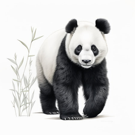 a giant panda, depicted in the style of patrick brown, stands on a white background. this highly detailed illustration by david nordahl captures the raw vulnerability of the panda, showcasing its delicate markings in contrasting white and black. ai generatedの素材