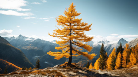 a single lone yellow pine tree stands tall in the majestic mountains, showcasing a stunning blend of dark orange and light bronze hues. this breathtaking 8k resolution photograph captures the essence of nature's beauty, with a touch of dark white and amber tones. the scene exudes a whistlerian and forestpunk vibe, enhanced by the contrasting colors of azure and amber. shot with an agfa clackの素材