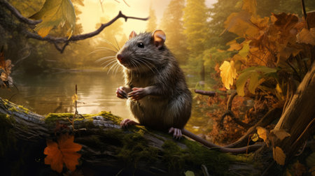 a rat perched on a log by a river, portrayed in a hyper-detailed and realistic style. the scene exudes a dreamlike quality, reminiscent of the wimmelbilder genre. the artwork showcases elements of cranberrycore aesthetics, with a touch of rtx technology, resulting in a stunningly detailed rendering. the rat's surroundings evoke a forestpunk ambiance. ai generatedの素材