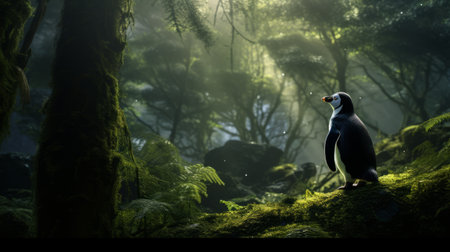 a penguin stands amidst a serene woodland scene, surrounded by raccoons. this stunning wallpaper showcases the realistic depiction of light, rendered in cinema4d. with influences from renowned artists like ray collins, anne brigman, and john howe, this 32k uhd image captures the essence of a realistic portrayal. ai generatedの素材