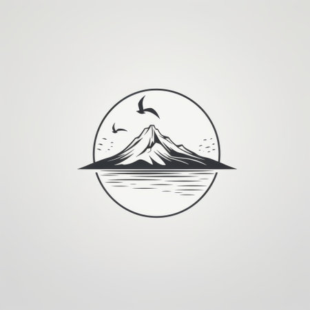a black and white illustration featuring a mountain and sea background, reminiscent of mid-century life-like avian illustrations. this logo-style artwork showcases a light bronze and gray color palette, with rounded shapes and a touch of personal iconography. the illustration is enhanced by a rim light effect, adding depth and dimension to the overall composition. ai generatedの素材