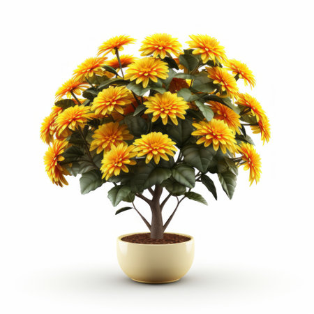 yellow dandelion in pot on white background, rendered in maya, showcasing traditional vietnamese style. the dark orange hues add a touch of warmth to the image. this captivating photo captures the essence of collecting and modes of display. it was the contest winner, featuring a dazecore theme, and skillfully utilizes various elements to create a visually stunning composition. ai generatedの素材