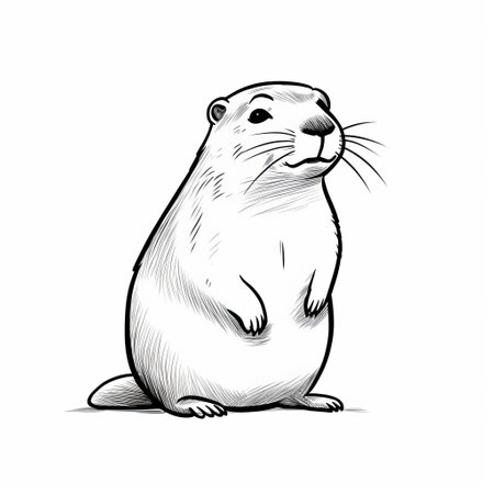 a gray groundhog or ground squirrel is depicted in a minimalistic black and white sketch style by raphael lacoste. the drawing showcases the animal in a tame position, with strong facial expression and simplified line work. this artwork, reminiscent of aleksandr deyneka's style, can be found on flickr and features rounded shapes. ai generatedの素材