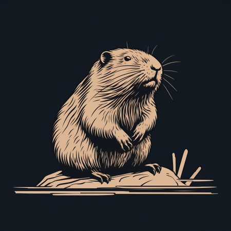 a badger perched on a rock amidst lush green grass, captured in a vintage graphic design style. the black background enhances the detailed scientific elements, while the navy and beige tones create a trace monotone effect. the charming character illustrations and stencil-like imagery add to the overall appeal of this captivating photo. ai generatedの素材