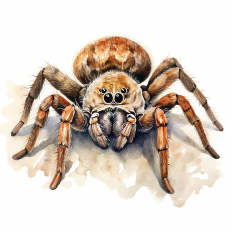 a watercolor illustration of a spider, showcasing a realistic portrait style with black and brown coloring. the wide-angle lens captures the hyper-realistic details of this anthropomorphic animal, with light red and beige accents. the heavy shading adds depth and dimension to this captivating artwork. ai generatedの素材