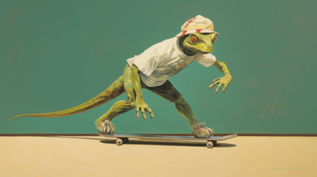 a hyper-realistic animal illustration featuring a detailed character design of a green sculpture skateboarding on a vibrant green background. this artwork showcases a fusion of frogcore, dinopunk, and graphic illustration styles, with its realist lifelike accuracy and intricate detailing. ai generatedの素材