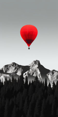 hot air balloon manufacturer flying over alaska in a minimalist black and white style with a realistic eye print. the image features a minimalist background, black and gray colors, mist, and a kodak plus-x film aesthetic. it also incorporates a touch of the transavanguardia art movement with a red paint splash. ai generatedの素材