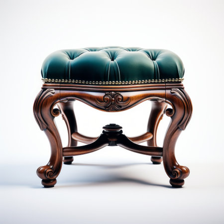 a wood and leather stool featuring green calf leather upholstery, showcasing baroque-inspired grandeur. the realistic and detailed rendering captures the essence of the victorian era. the dark cyan color and soft-focus technique add a touch of elegance. the stool is presented against a white background. this photo is available under the creative commons attribution license. ai generatedの素材