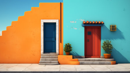 a vibrant house with an orange wall, a door, and steps, showcasing a fusion of mexican and american cultures. the minimalist art approach is evident in the playful use of contrasting colors like light emerald and indigo, creating a visually striking and unique aesthetic. ai generatedの素材
