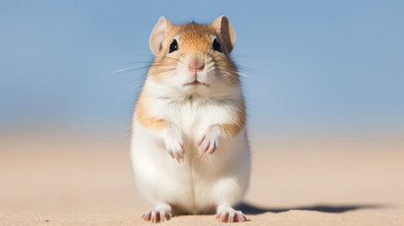 a small white and yellow mouse, reminiscent of caras ionut's style, stands on the sandy ground. the mouse is captured in ultra hd, showcasing its light sky-blue and light brown colors. with a strong facial expression, this image evokes the artistic influences of suguru tanaka and q hayashida, while also highlighting the mouse's distinct gendered features. ai generatedの素材