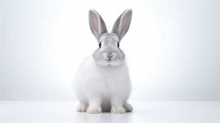 white bunny sitting alone on a gray background, captured with a large format lens. the image features layered imagery with subtle irony, precisionist lines, and a color palette of light purple and silver. the photograph has a white background and belongs to the petcore genre. ai generatedの素材