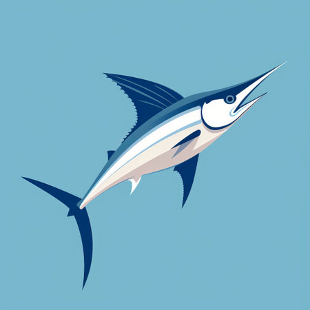 a flat blue marlin fishing fish image is depicted in this illustration, showcasing a sky-blue and beige color palette. the visual harmony is enhanced by the strong facial expression of the marlin. the wimmelbilder style and birds-eye-view perspective add depth to the bold graphic design of this captivating illustration. ai generatedの素材