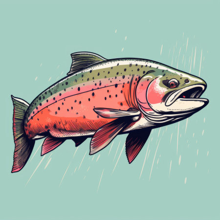 a rainbow trout, depicted in the style of pop art illustrations, gracefully soars through a rainstorm. this detailed character design showcases vibrant colors of light red and turquoise, enhanced by contoured shading. the artwork exudes a strong sense of realism, with hyper-realistic animal illustrations and a unique touch of flat shading. ai generatedの素材