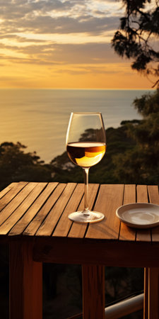 glass of white wine on a deck, featuring a coastal scenery in dark orange and white. this associated press photo captures the light pink and amber hues, creating a thought-provoking and youthful energy. the terragen effect adds depth to the image, making it visually captivating. ai generatedの素材
