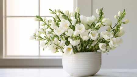 white flowers in a white vase sit on a table near a window, creating a serene and minimalist scene. captured in stunning 8k resolution, the image showcases simplified and soft focal points. the composition beautifully combines natural and man-made elements, while the bold chromaticity adds a touch of vibrancy. ai generatedの素材