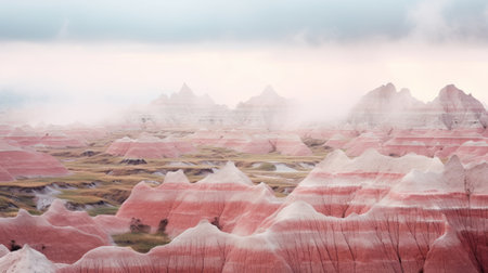 a photo of badlands national park in idaho, sydney, saskatchewan, captured in the style of akos major. the image showcases a blend of light pink and red hues, reminiscent of traditional chinese landscape paintings. translucent layers and textured details create an organic and captivating scene, reminiscent of the works of hayao miyazaki. the striped painting technique adds a unique visual element to this stunning landscape.の素材