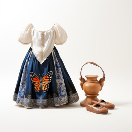 a doll dressed in a medieval period costume adorned with butterflies. this october 2013 photograph captures the doll in the style of a detailed still life, featuring a combination of light orange and dark indigo colors. the composition follows the classic still life principles, reminiscent of the works of frederick morgan. the doll showcases traditional costumes and is set against a white background, emphasizing itsの素材