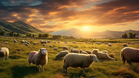 a sheep stands in a grassy landscape, reminiscent of max rive's style. the realistic portrayal by mandy disher captures the essence of classical, historical genre scenes. the golden light illuminates the vibrant and saturated colors, creating a breathtakingly beautiful image. ai generatedの素材