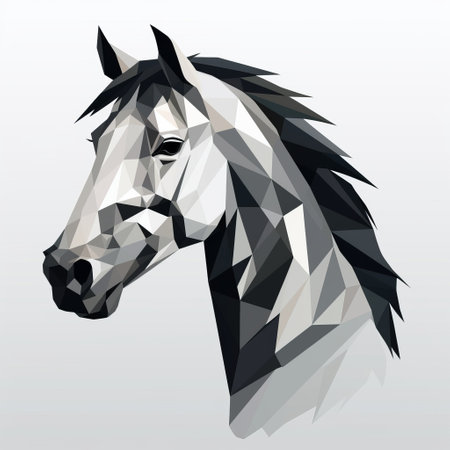 a horse polygonal abstract head isolated on white vector, featuring a dark white and light gray color scheme. this artwork, inspired by the styles of jon mcnaught and dan matutina, showcases a streamlined design with subtle use of light and shadow. the bold character designs capture the essence of both animals and people. ai generatedの素材