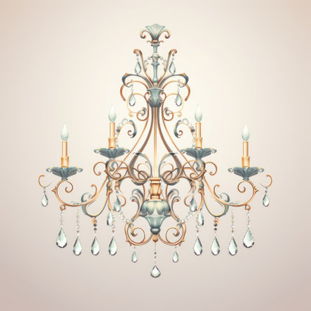 silver chandelier with light and crystals, featuring realistic usage of light and color. the elegant design showcases a combination of light turquoise and dark gold, complemented by murals and wall drawings in light beige and indigo. the chandelier also incorporates light orange and gold accents, along with classical motifs and themes. soft edges and atmospheric effects add to its overall charm. ai generatedの素材