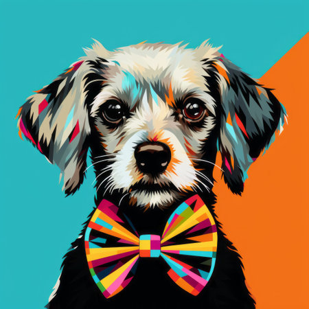 a dog wearing a 4.5-inch colorful bow tie is depicted in this pop art illustration by martin rak, a renowned colorful muralist. the artwork features vivid color schemes, including dark amber and cyan, along with bold graphic design elements. this portrait painting showcases the artist's unique style and attention to detail. ai generatedの素材