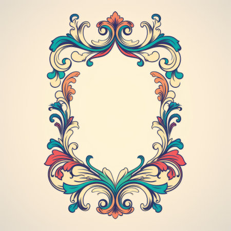 a decorative frame featuring an ornamental floral decoration in a beautiful floral pattern. the frame is designed in the style of light orange and blue, with bright colors and bold shapes. it showcases baroque ornate flourishes, created using ink and color. the illustration is predominantly light yellow and maroon. ai generatedの素材