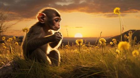 a monkey is seen walking gracefully through the lush green grass. this realistic still life photograph captures the dramatic lighting, with a touch of light pink and light amber hues. the composition follows a humanist approach, while the solarizing master technique adds a dreamy and cute element. the image showcases realist lifelike accuracy, making it a captivating visual. ai generatedの素材