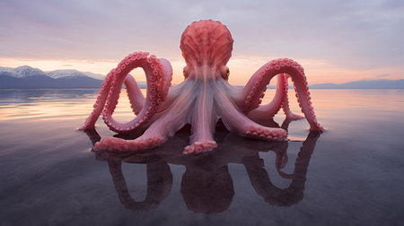an orange octopus gracefully rests in the water, showcasing a stunning matte painting style. the realistic hyper-detailed rendering captures its vibrant colors of dark white and pink. this uhd image by martin rak exhibits congruent and calming symmetry, making it a captivating visual masterpiece. ai generatedの素材