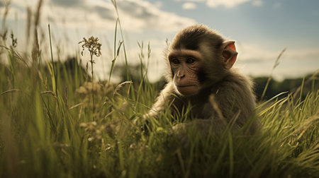 a chimpanzee, rendered in unreal engine, sits in the grass with the sun behind it. this contemporary portrait photograph showcases innovative techniques, with a light beige and pink color palette. the 32k uhd resolution captures intense close-ups, highlighting the intricate details of the chimpanzee's expression. the photo also showcases environmental portraiture, immersing the viewer in the natural surroundings. ai generatedの素材
