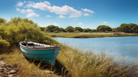 a weed-covered boat sits peacefully in a serene pastoral scene, captured in the style of realistic landscapes. the soft, tonal colors of light sky-blue and yellow create a tranquil atmosphere reminiscent of mediterranean landscapes. this uhd image by santiago rusinol showcases his talent for capturing photo-realistic landscapes with a touch of tranquility. ai generatedの素材