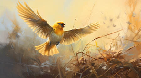 a bird in the grass, sitting out of the sky, is depicted in this digital painting. the artwork showcases vibrant yellow and amber tones, layered gestures, and soft shading, creating an explosive wildlife scene. the bird's eerily realistic appearance and bold character designs add to the overall impact of the image. ai generatedの素材