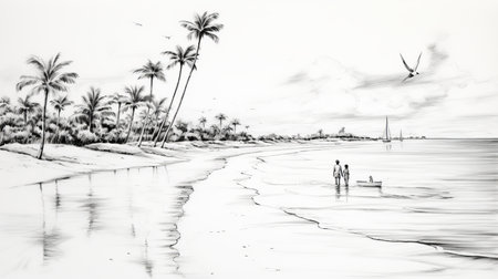 a black and white drawing of a serene beach scene with a child playing on the white sandy beach, sailboats sailing in the distance, seagulls soaring above, a coconut tree, and scattered seashells and shellfish. ai generatedの素材