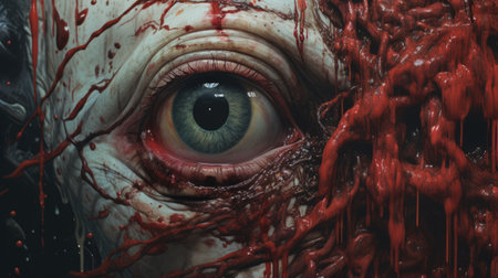 the illustration features intense, photorealistic eyes set against a striking red background. created in the captivating style of zombiecore, the artwork showcases intricate details and utilizes photo-realistic techniques. rendered using the powerful unreal engine, this hyper-realistic sci-fi horror piece captivates viewers with its highly detailed and mesmerizing illustrations. ai generatedの素材