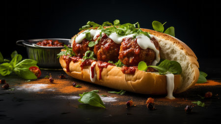 a meatball sub captured in an award-winning food photography style. the photo showcases the italian food styling with a dark backdrop, creating a dramatic and elegant atmosphere. shot on a 25mm lens, the depth of field and tilt blur add a dynamic and artistic touch. the lighting techniques, including half rear lighting and backlight, enhance the volumetric and detailed appearance of the dish. the imageの素材