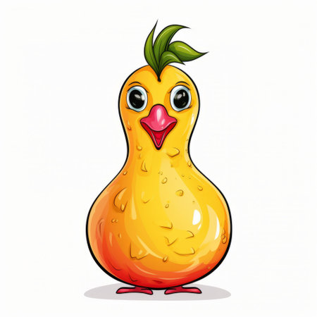 a funny cartoon chicken with a green leaf, depicted in the style of water drops, orange and magenta colors, and inspired by golden age illustrations. this unique artwork combines elements of pigeoncore and tupinipunk, resulting in a rounded and highly realistic portrayal of the chicken. ai generatedの素材