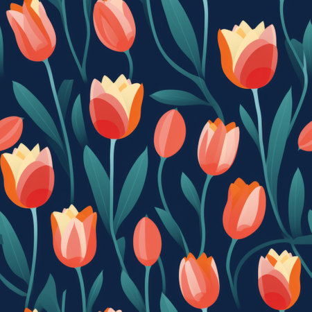 vintage cartoon seamless pattern featuring tulips and leaves in a whimsical animation style. the pattern showcases a combination of dark orange and light navy colors, with flat illustrations reminiscent of sculpted impressionism. created with delicate precision, this design draws inspiration from artists such as marguerite blasingame and annie soudain. ai generatedの素材