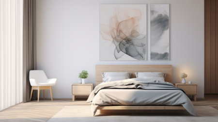 a minimalist ink wash style bedroom image featuring a bed, bedside table, and a painting. the flowing forms in light gray and light brown create an ethereal atmosphere. rendered in maya, this 32k uhd image showcases abstract elements in light pink and orange. ai generatedの素材