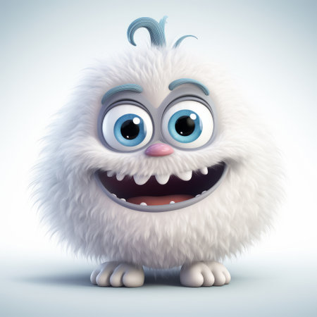 an adorable icy bear cartoon character with big brown eyes and a yellow mouth, rendered in the style of unreal engine. this furry art creation features monochromatic white figures, resulting in a high-definition image. with elements of aurorapunk, the character's design is bulbous and exudes a childlike wonder. ai generatedの素材