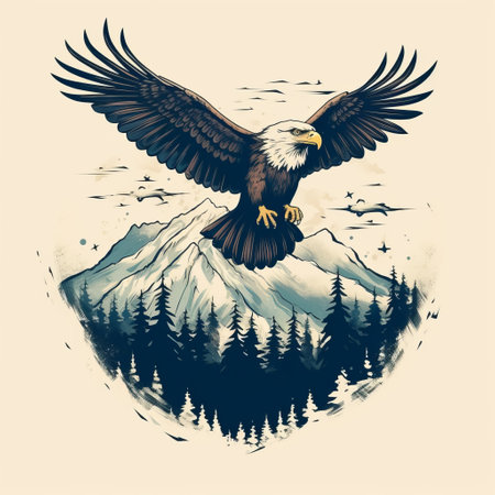 a stunning hand-drawn print featuring a majestic bald eagle soaring above a mountain range. this tattoo-inspired artwork showcases atmospheric woodland imagery, realistic lighting and color usage, and a balanced symmetry. the high-angle perspective adds to the overall impact of this captivating illustration. ai generatedの素材