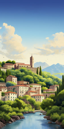 an idyllic lake nestled amidst lush green hills and charming villages, depicted in the enchanting style of animated illustrations. this italian landscape captures the essence of dreamy and romanticized cityscapes. with a resolution of 32k uhd, the image showcases a religious building adorned with painted illustrations, complemented by subtle gradients. ai generatedの素材