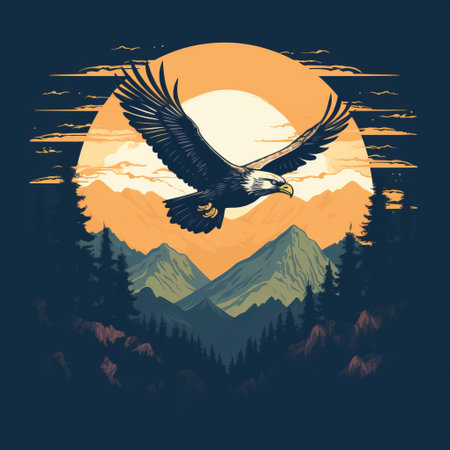 eagle soaring majestically over the mountains during a breathtaking sunrise. this graphic design poster art captures the essence of classic americana with its accurate and detailed depiction. the flat style with limited shading enhances the dark palette, featuring dark yellow and dark cyan hues. the artwork showcases remarkable accuracy in portraying the surrounding fauna and flora. ai generatedの素材
