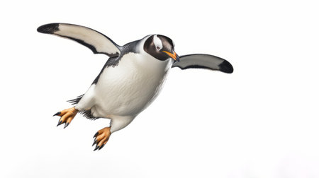 a penguin soaring through the air, gazing across the icy landscape. this vibrant, high-energy image captures the essence of the penguin's flight. with a white background and 8k resolution, the layered imagery adds a touch of subtle irony. the light orange and dark brown hues enhance the lively movement portrayed, resulting in a realistic and captivating portrayal. ai generatedの素材